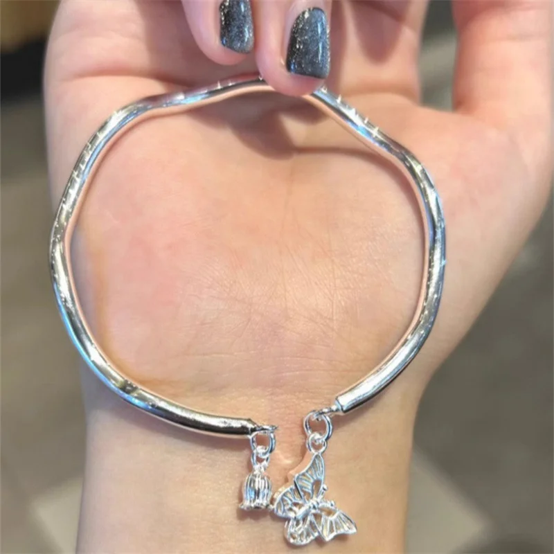 S999 Pure Silver Open Cuff Bangle For Women Irregular Wavy Tube Hollow Butterfly & Bellflower Charms Solid Silver Wrist Jewelry