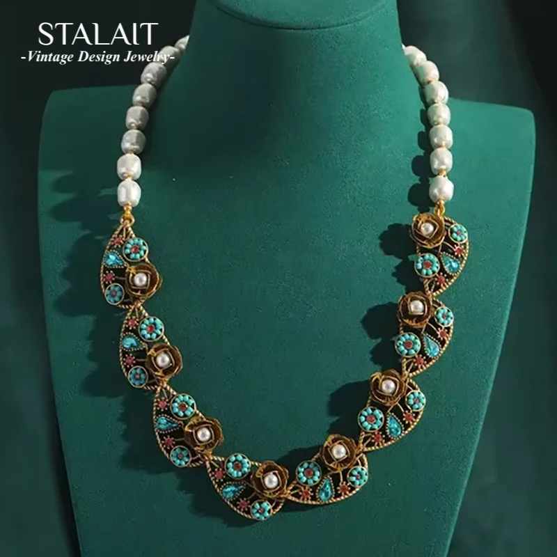 

Freshwater Pearl Necklaces For Women Vintage Rose Flower In a Heart Reproduction Jewelry Handmade Bead Choker Christmas Gift