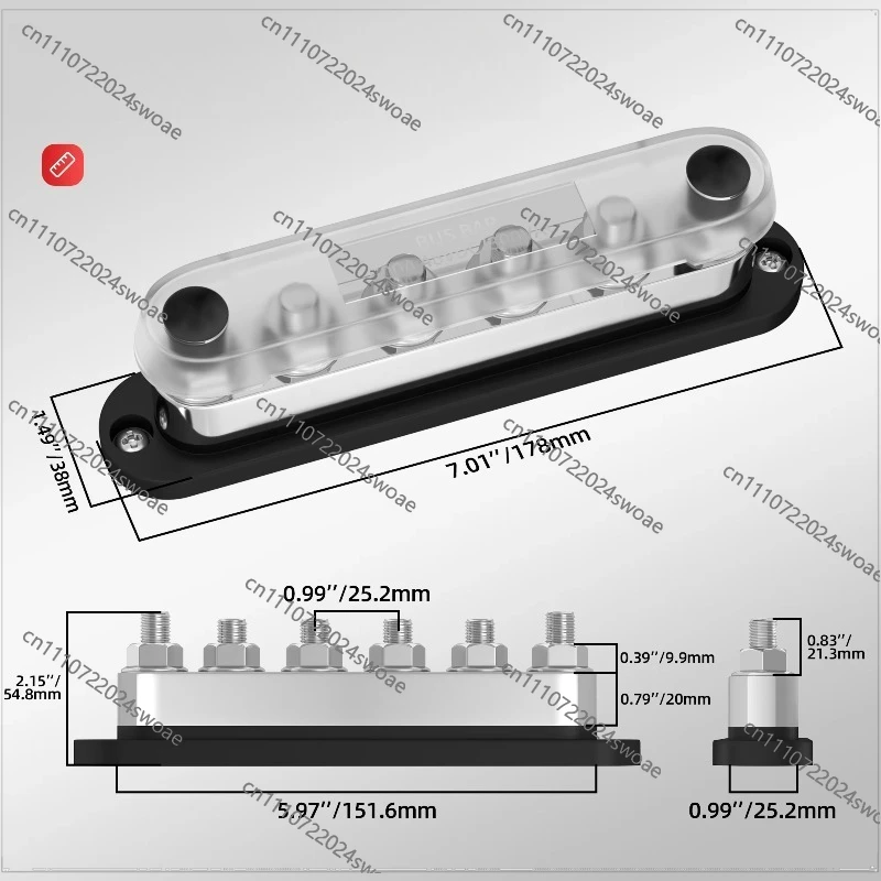 600A Busbar 12V DC Power Supply Heavy Duty Busbar 600A Patch Panel 6-way Busbar M10 Terminal Black Red with Cover