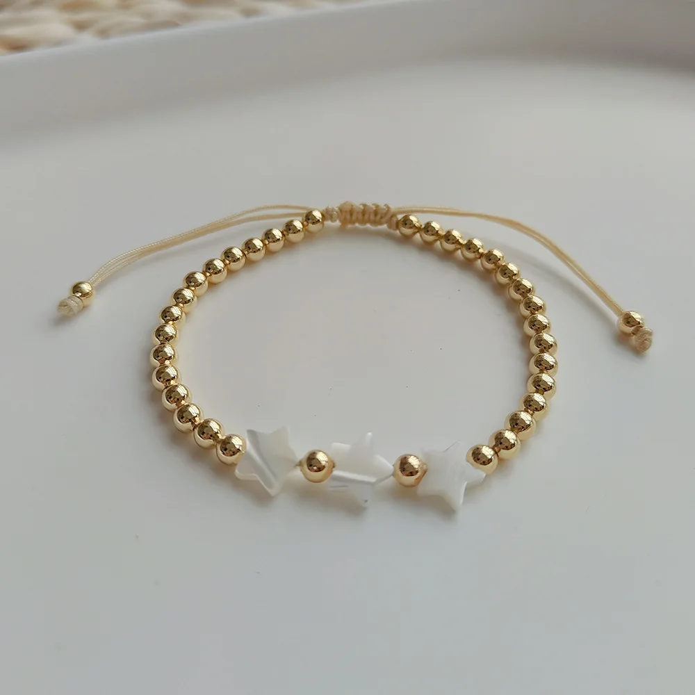 Women's Adjustable Gold Color Shell Charm Beaded Bracelet