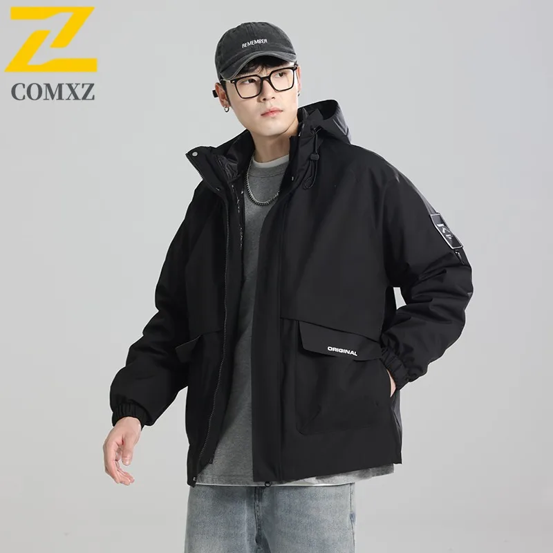 COMXZ Men Down Jacket 2025 Classic Hooded Outdoor Adventure Thickened Warm Parka Street Style Windproof Winter Puffer Coat