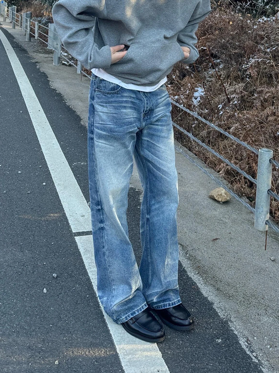 

Мужские прямые джинсы с синим волнообразным узором, в стиле High Street Vibe, CleanFit, с микро-клешем, длинные брюки в ретро-стиле