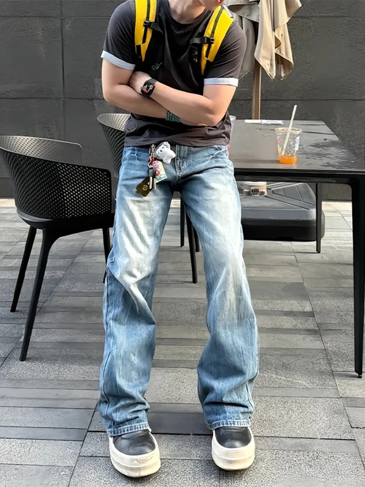 

Ice Blue Lightning Pattern Men's Jeans High Waist Straight Leg Micro Flared American Street Sle Youth Wear Summer Denim Pants