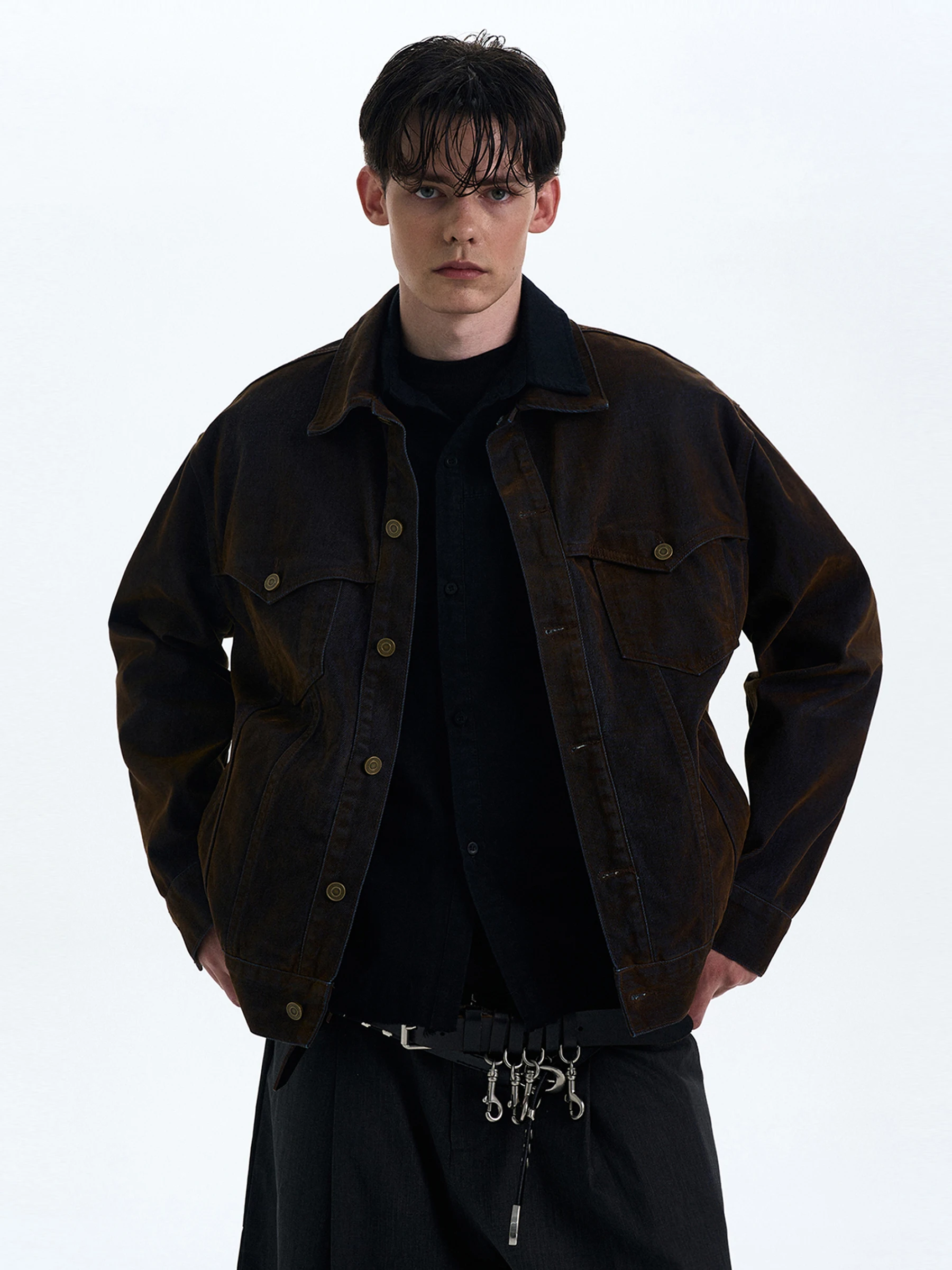 

Retro Heavy Du Faded Workwear Jaet Men's High Street Cool Design Loose Jeans Coat MADWITCH Long Sve Stand Fit Youth...