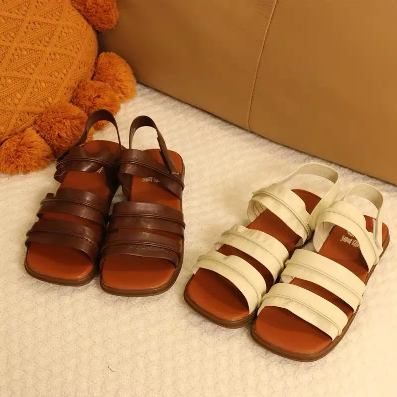 

Birkuir Retro Gladiator Sandals Flat Heel For Women Hook Loop Elegant Luxury Casual Sandals Genuine Leather Summer Beach Slides