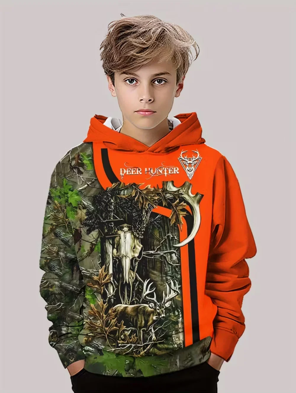 Deer Hunting Hoodies for Boys Animals Outdoor Camouflage 3D Full Print Spring Autumn Kids Clothes Loose Casual Sweatshirt Tops
