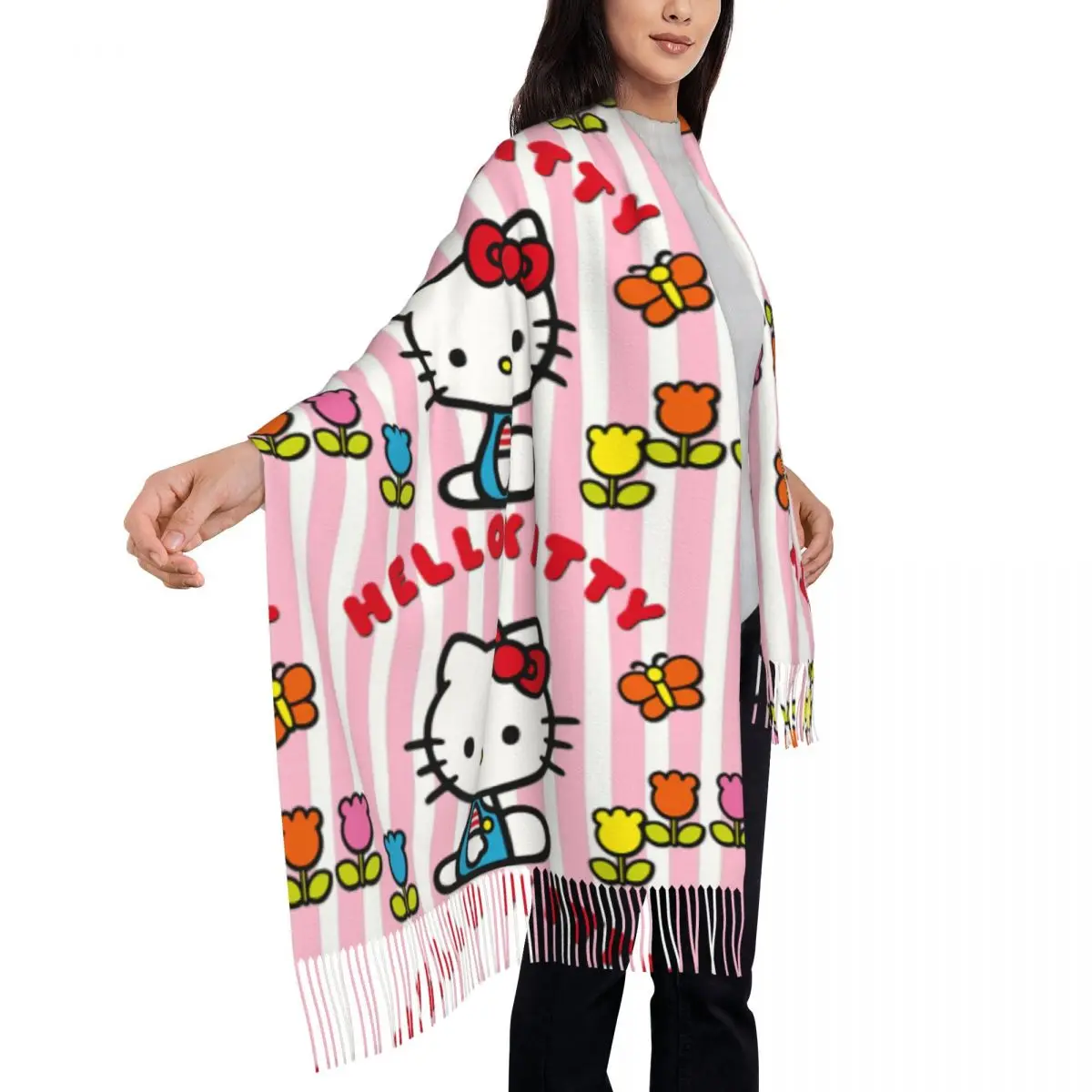 Custom Hello Kitty Cat Scarf Wrap Women Long Winter Fall Warm Tassel Shawl Unisex Anime Cartoon Scarves