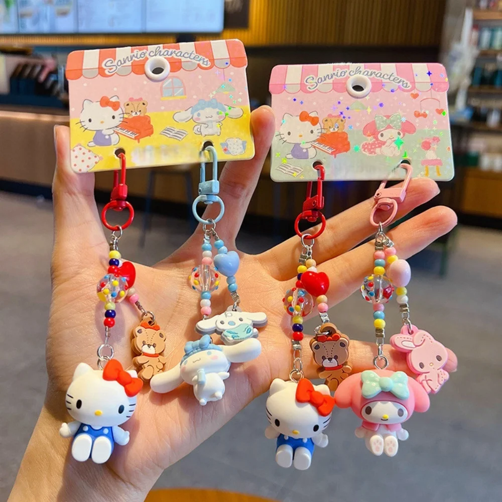 Cartoon Keychain Cute Hello Kitty My Melody Cinnamoroll Beaded Pendant Kawaii Anime Figure Key Ring Bag Charm Gift for Girls