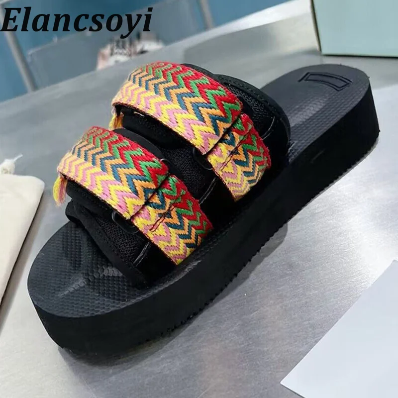 Summer New Open Toe Thick Sole Height Increasing Slippers Canvas Fabric Simple Retro Home Slides Leisure Vacation Shoes Unisex