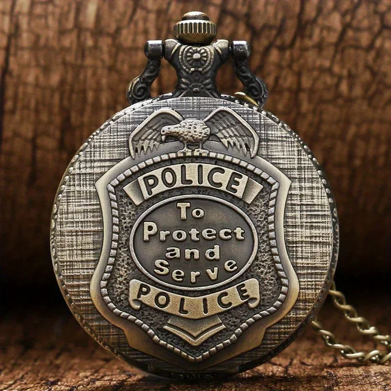 Creative Quartz Pocket Watch Protect And Serve Vintage Pendant Bronze Full Hunter Pocket Watch With Chain Police Antique Style