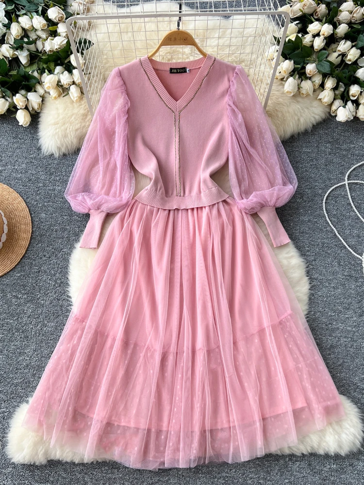 Women Casual Elegant Small Fragrant Style Dress Autumn Vneck Diamond Studded Lantern Sleeve Knitt Patchwork Mesh Dress for Women