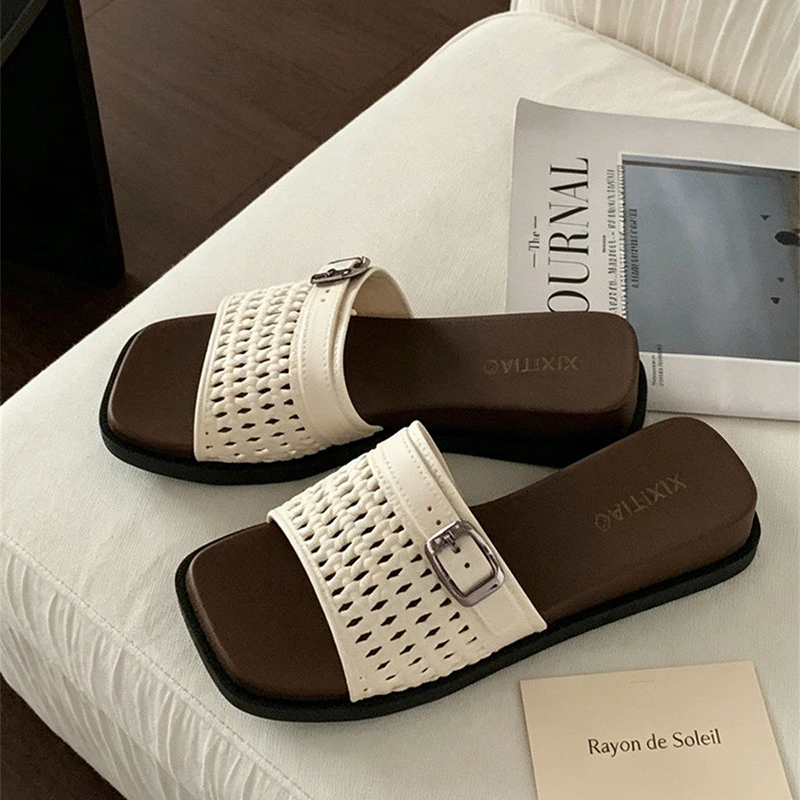 

French Style Hollow Woven Sandals For Women Anti Slip Comfort Square Buckle Color Blocking Slides Summer Casual Flip Flops