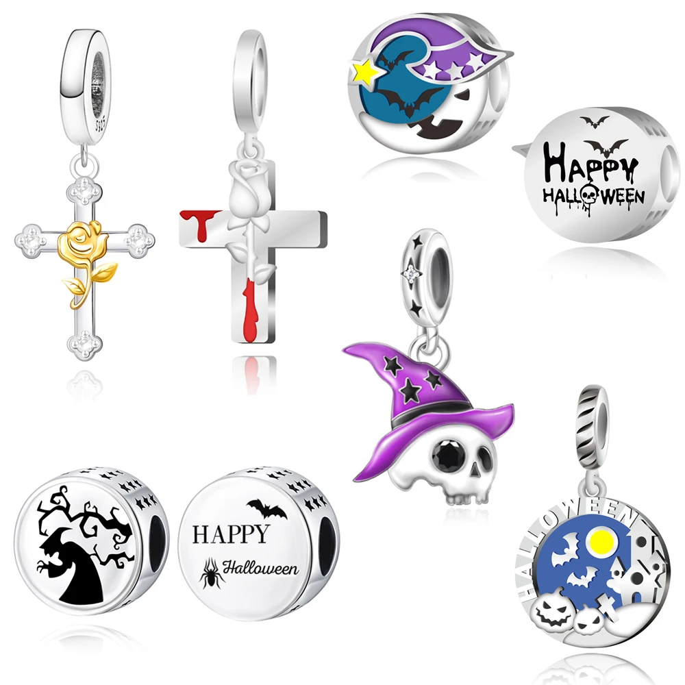 

Vintage 925 Sterling Silver Cross, Witch & Skull Dangle Charm Fits Original Bracelet For Boy Surprise Halloween Jewelry Beads