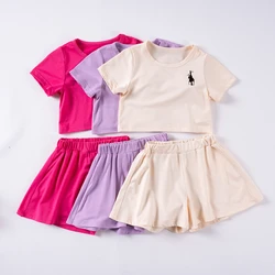 Summer Girls Fashion Printing Short-sleeved Set Children's Casual Waistless Top Solid Loose Shorts 2pcs Comfortable Hot Sales