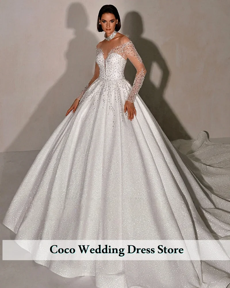 

Великолепное блестящее кружевное бальное платье с иллюзией шеи по индивидуальному заказу, свадебные платья с длинными рукавами, свадебные платья со шлейфом