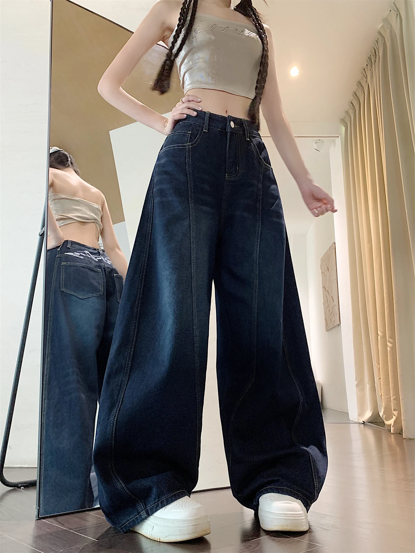 American Sle Wide Leg Embroidered Knife  Jeans High Street Loose Straight Leg Slimming Lazy Sle Floor Length Couples ...