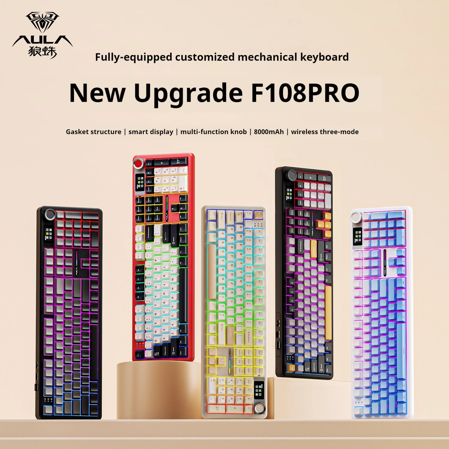 AULA F108 프로 기계식 키보드 트라이 모드 무선 개스킷 구조 핫 스왑 인체공학 맞춤형 게이밍 키보드 PC 액세서리