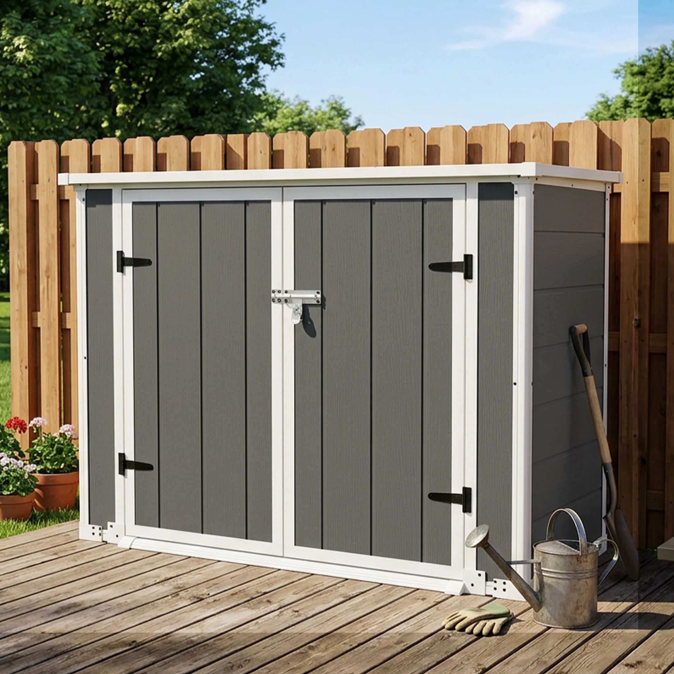 56×29×44in Gray  Resin Plastic Outdoor Storage Shed with Lockable Double Doors Waterproof All Weather Utility Cabinet for Garden Tools Trash Cans Backyard Patio