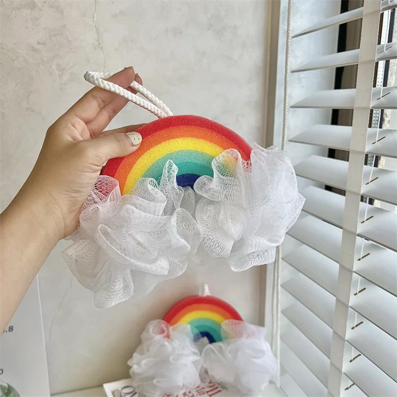 Kawaii Rainbow Bath Ball Soft Mesh Bubbler Sponge Baby Shower Wash Scrubber Cartoon Color Durable Body Massage Bathroom Brush