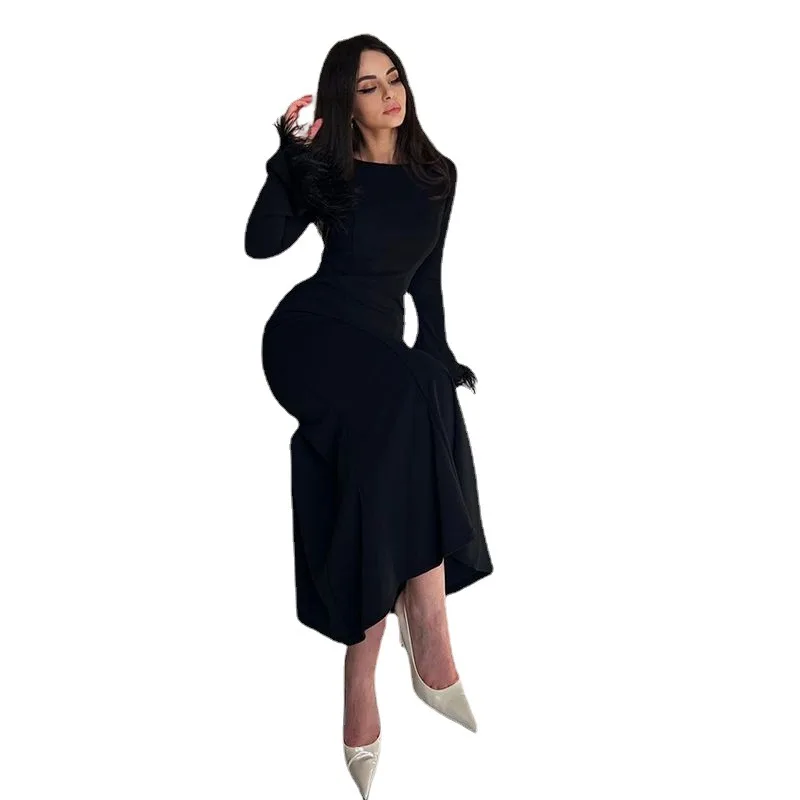 Elegant Women Dress Party Slim Fit Long Dresses Full Sleeve Sexy Tight Waist Vestidos Muslim Vestidos Feather Splice Summer