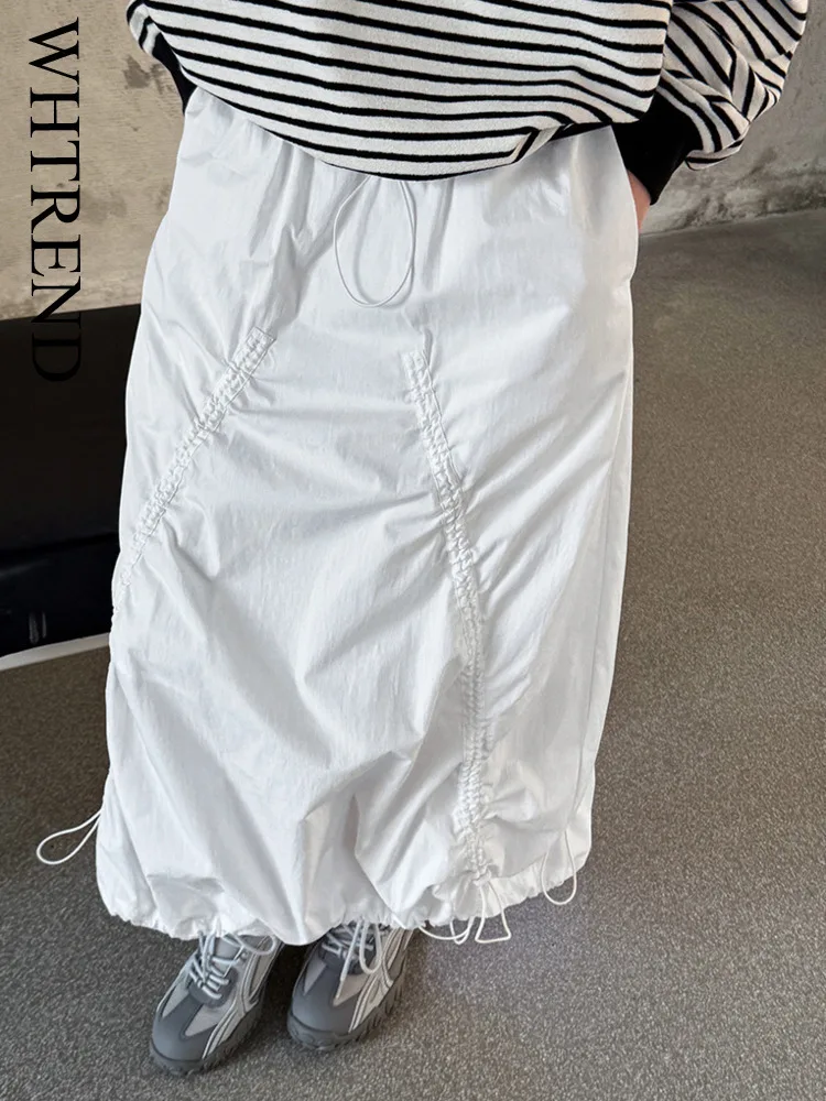 

WHTREND Drawstring Cargo Skirt For Women Spring Autumn New Street Style A-line Flared Long Skirts WH1880