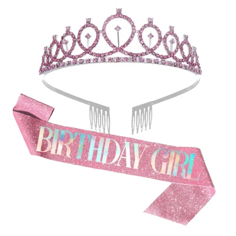 Bling Rhinestone Crystal Crown Tiara Birthday Anniversary Decoration Happy 18 21 30 40 50th Birthday Satin Sash Party Supplies