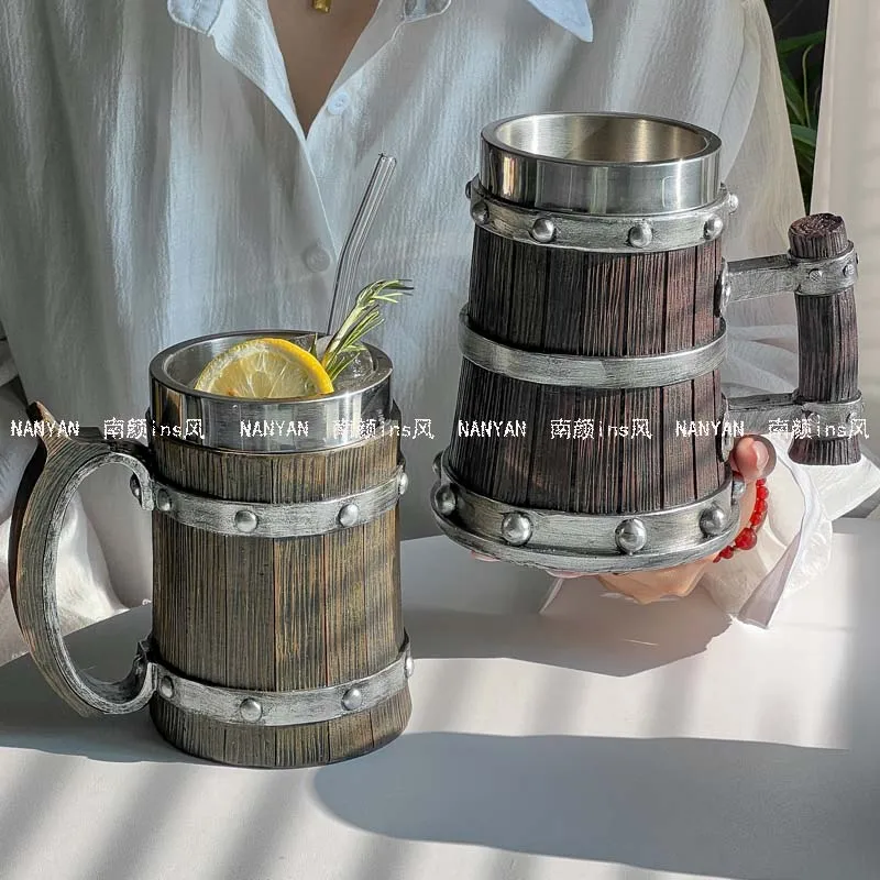 Simulated wooden barrel beer  bar large capacity draft beercreative stainless steel water cup fruit tea cup