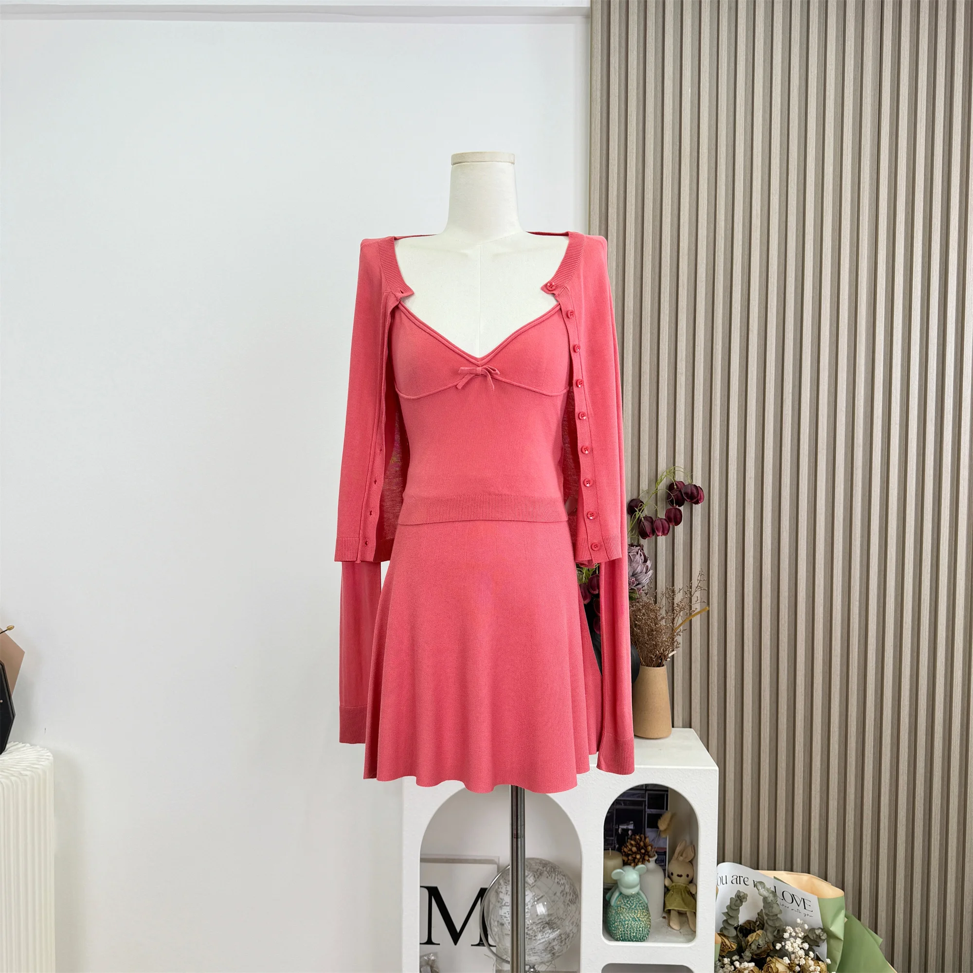 Longline Cardigan Knit - 여성 여름 스윗 쓰리피스 스커트 세트