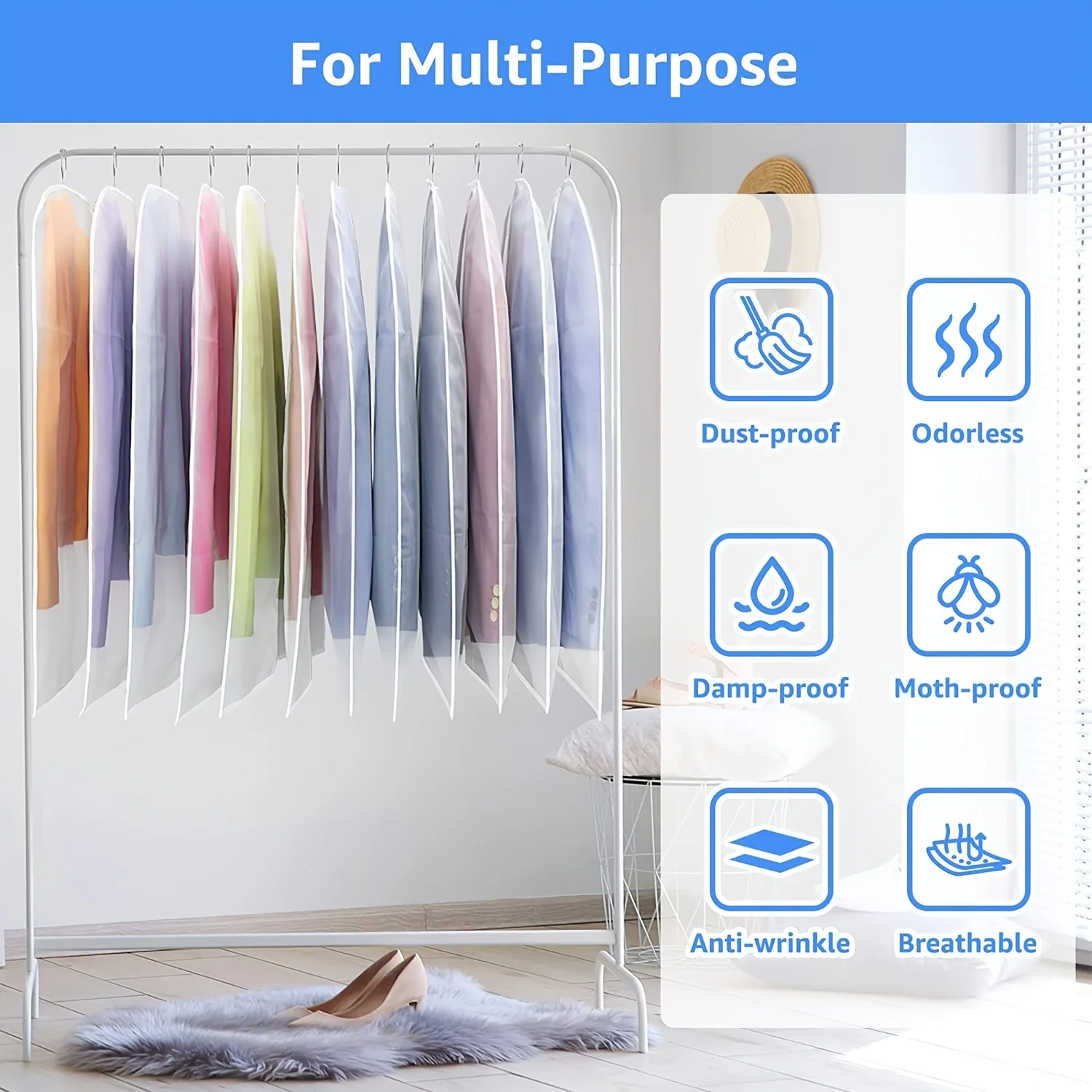 5Pcs Transparent Garment Bags Dustproof Zippered Hanging Clothes Storage Covers Wardrobe Closet Organizers Protector