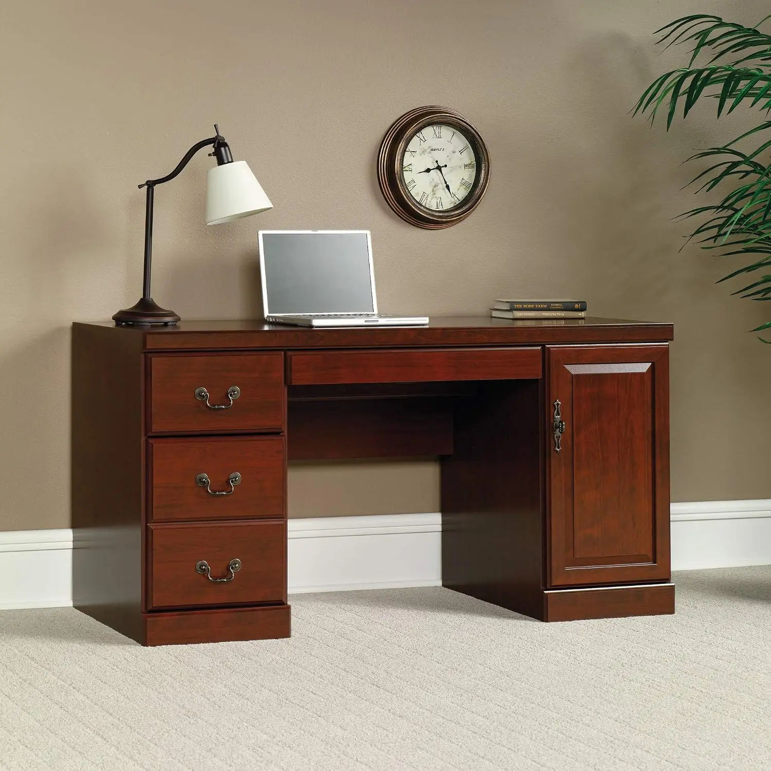 Classic Cherry Computer Desk with Storage, Executive Office Credenza, 59.25