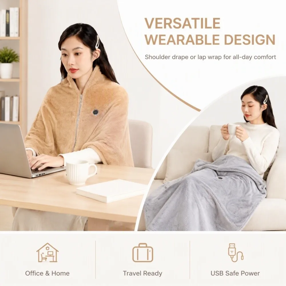 Zipper Design Electric Shawl Blanket Double-Layer Warm-keeping USB Shawl Blanket Convenient Soft Plush Shawl for 10W/5V Daily