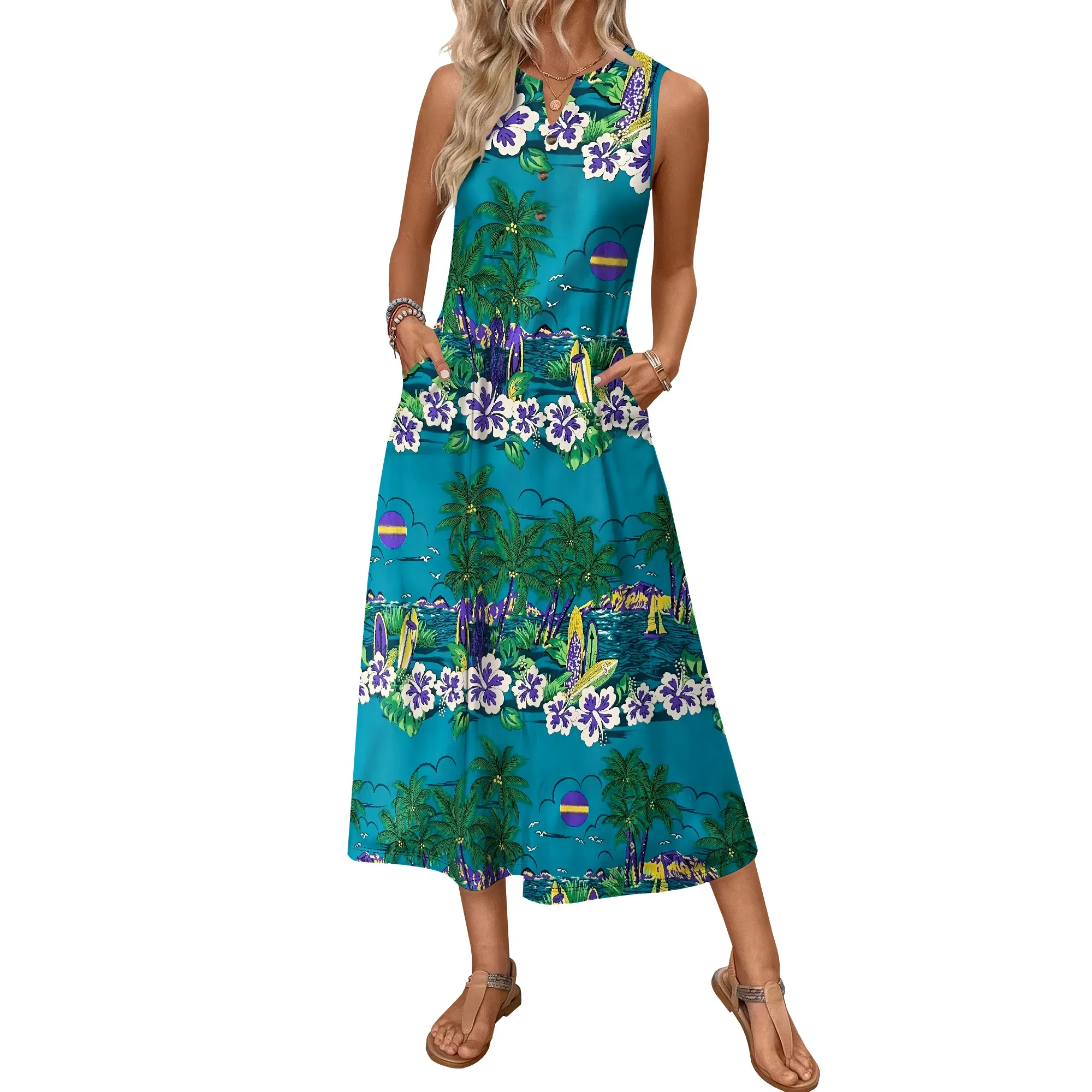Abito lungo da donna con stampa di scene tropicali blu Nupusa, taglia regolare, casual, senza maniche, con tasche