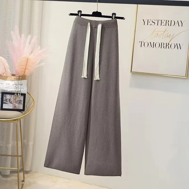 Drawstring straight leg casual knitted wide-leg pants women's autumn winter new lazy drape loose high-waisted long mopping pants