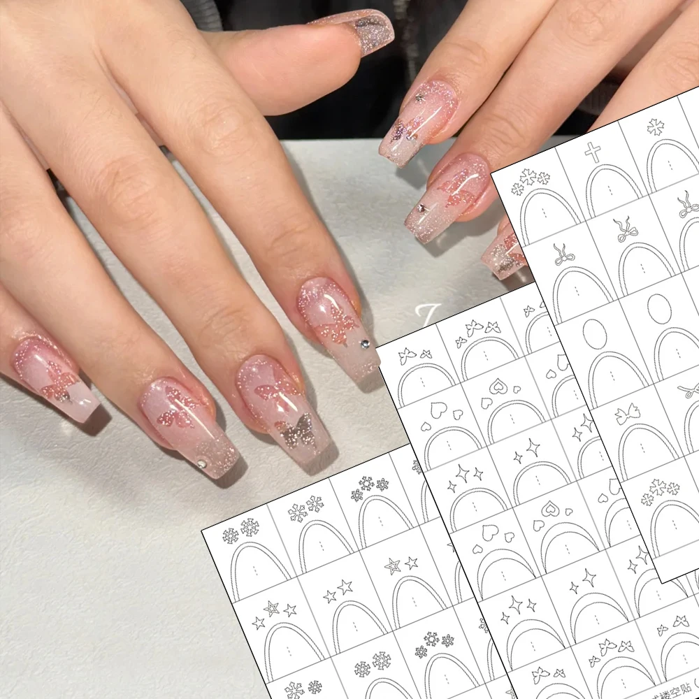 

1sheet Hollow French Line Patting Gel Assist Nail Stickers Butterfly Star Spraying Nail Art Stickers Bowknot Snowflake Nail Decl