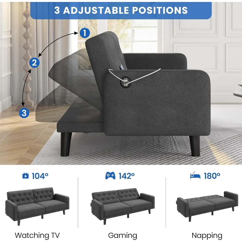 63 أريكة سرير فوتون صغيرة قابلة للتحويل مع منفذي USB ومسند ظهر قابل للاستلقاء ومساند للذراعين قابلة للإزالة، حديثة في منتصف القرن #5