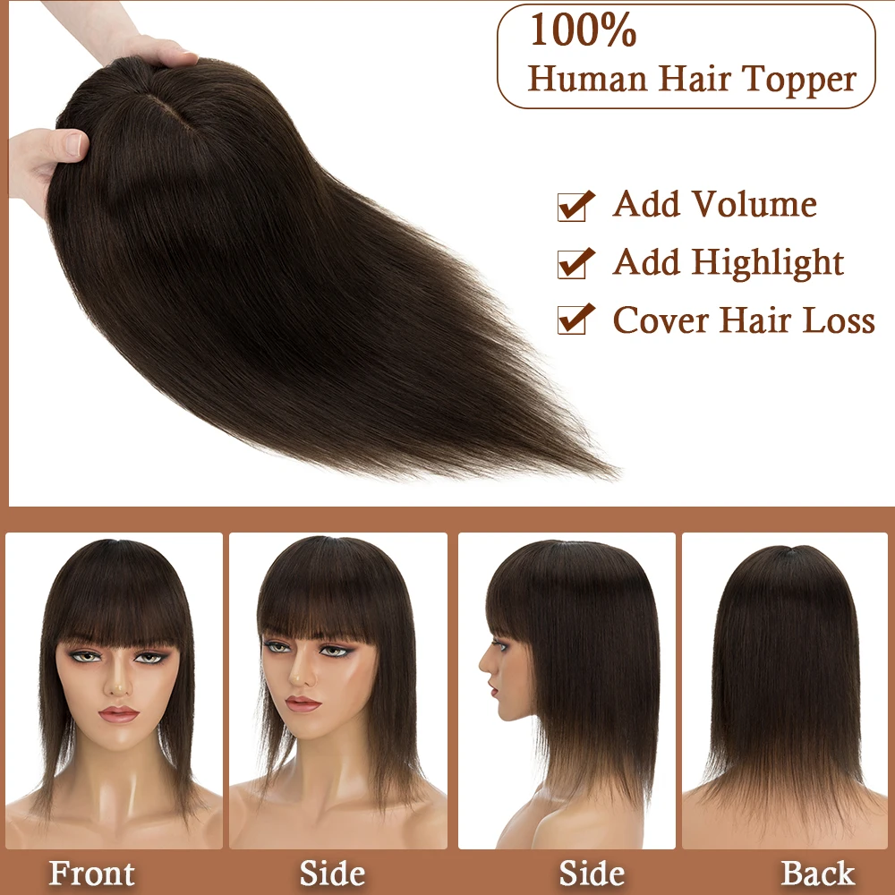 SEGO 13x15cm Human Hair Toppers For Women Straight Hair Wig Natural Hairpieces With Bangs 4 Clips In Hair Extensions