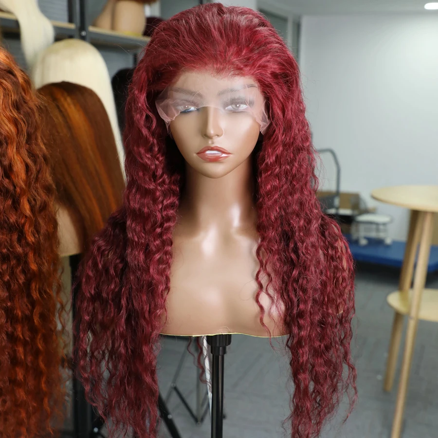 

200% Density Burgundy 99J 13x6 HD Lace Front Human Hair Wig 30 Inch Deep Wave Pre Plucked Brazilian Curly Lace Frontal Wig Women