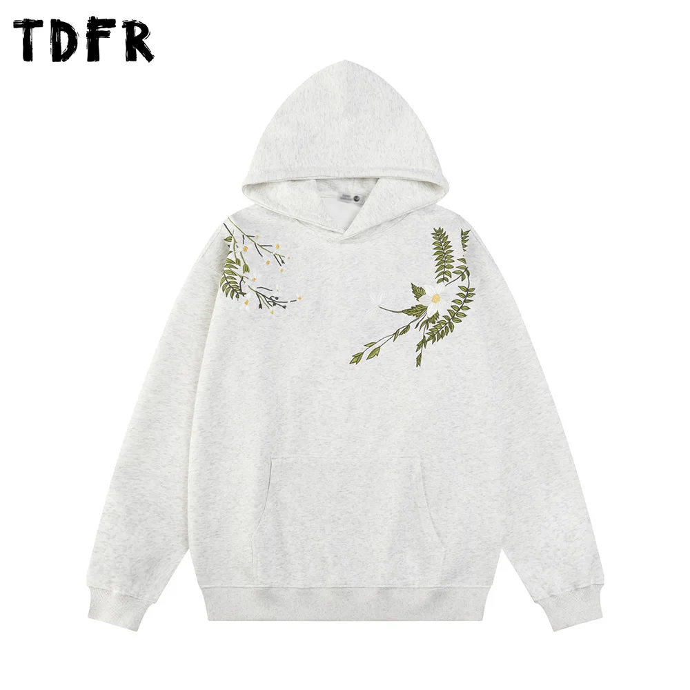 Flower Embroidery Hoodies Mens Front Pocket Spring Retro Streetwear Loose Long Sleeve Hooded Sweatshirts Men