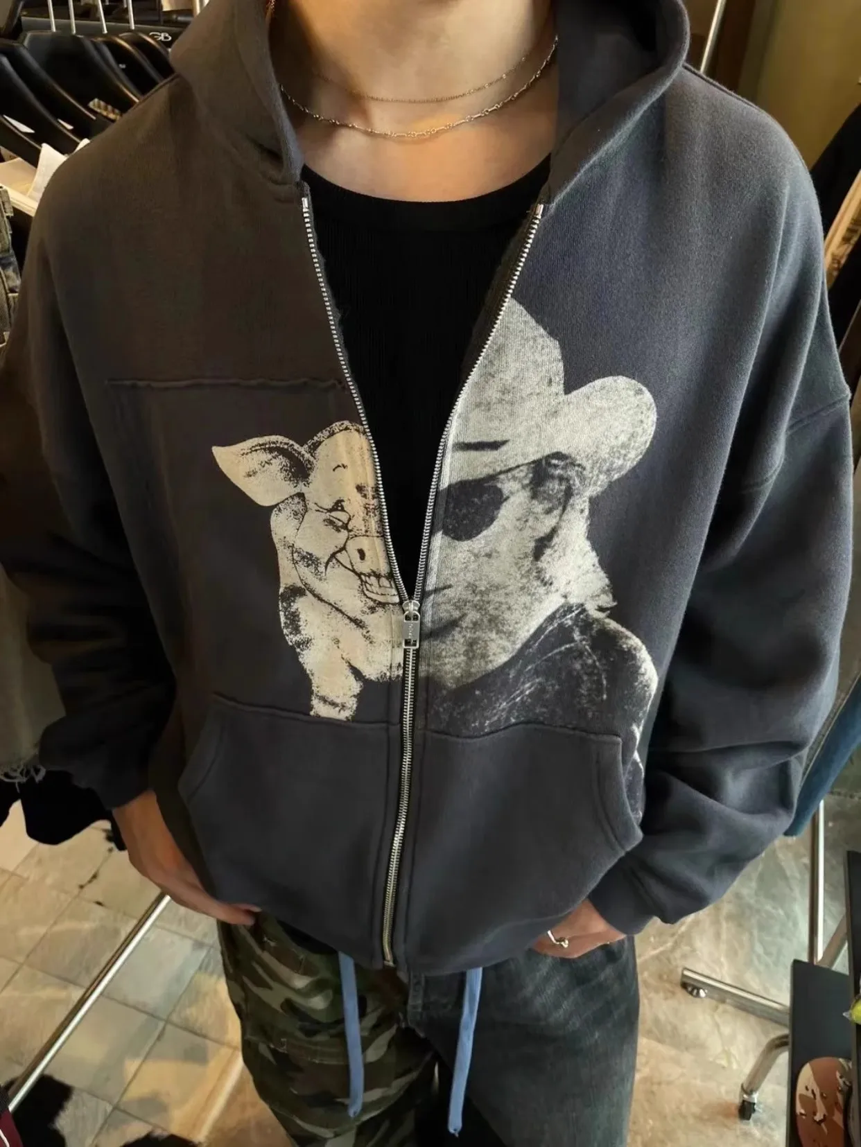 2024 ERD melancholic second-generation pig man spliced print washed zipper sweatshirt jacket hoodie WY982