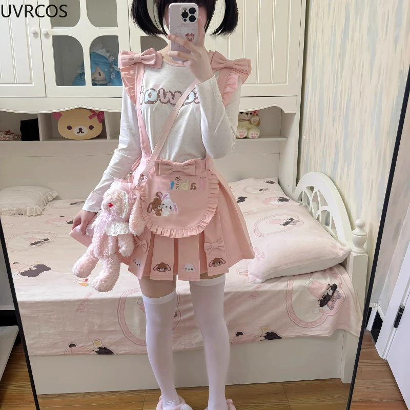 Kawaii bonito lolita estilo saia conjunto japonês feminino doce dos desenhos animados impressão camiseta arco coelho denim suspender saias harajuku y2k terno