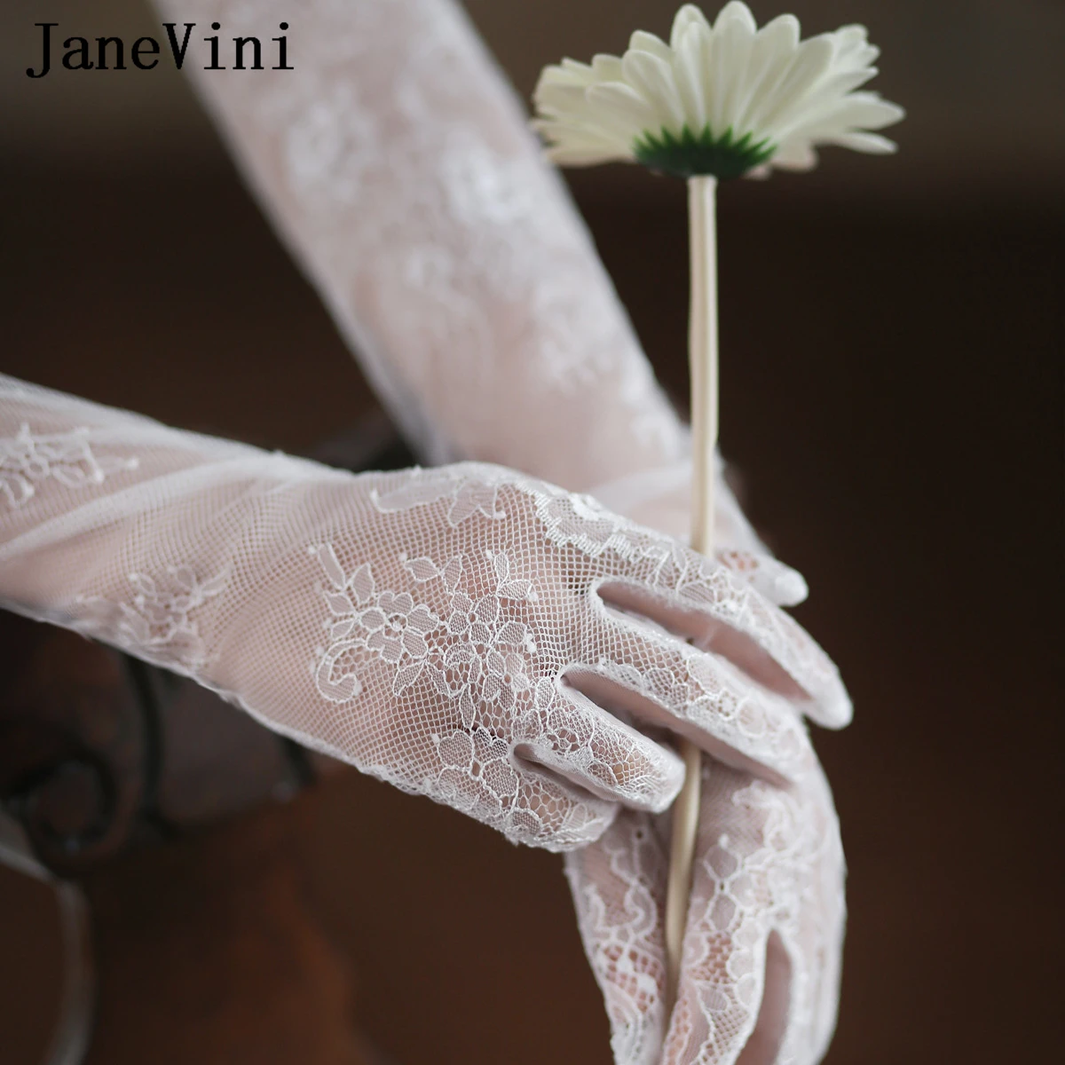 JaneVini Guantes Largos Elegantes 60cm Long Lace Gloves Bridal Wedding Gloves Full Finger White Bride Women Party Accessories