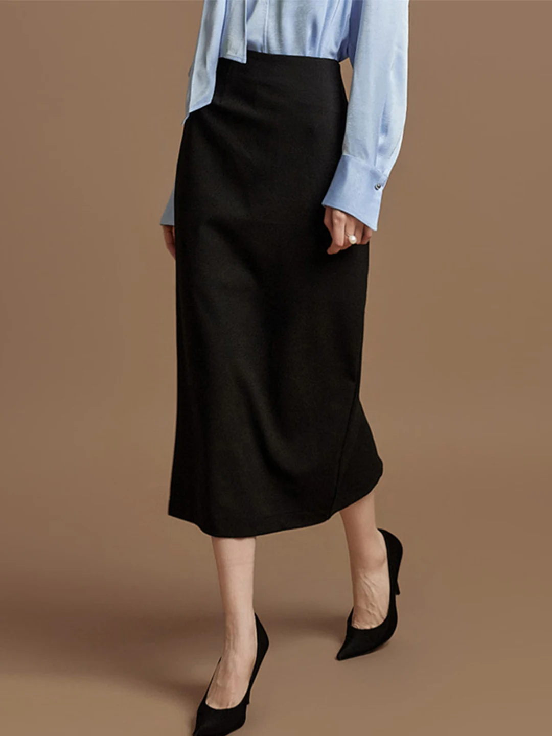 

Юбка миди с высокой талией и разрезом, облегающего силуэта, из дышащего, приятного для кожи полиэфирного волокна, с застежкой-молнией, H-образная