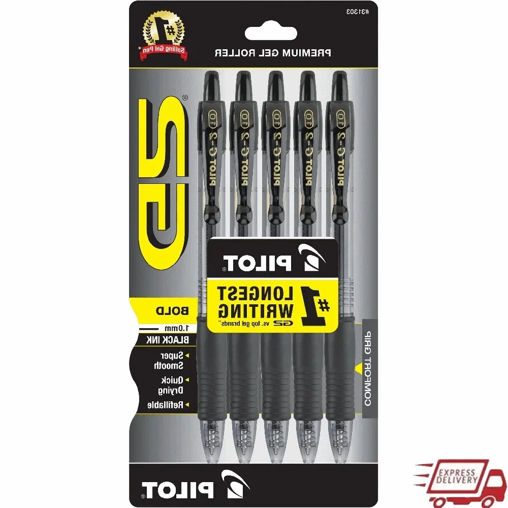 

G2 Retractable Gel Pens 1mm Bold Tip Black Ink 5 Pack Comfort Grip Refillable Roller Pen with Pocket Clip