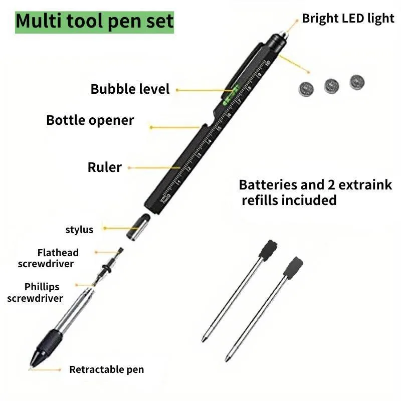 9 in 1 Multitool Pen Metal Ballpoint Pen LED Light Stylus Ruler Bubble Level Bottle Opener Screwdriver Multi-function Pocket Too
