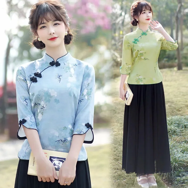 Autumn Women Large Size 5XL Half Sleeve Two-piece Suit Retro Ladies Improve Cheongsam 2025 High-end Femme Tea Art Costume 2PCS