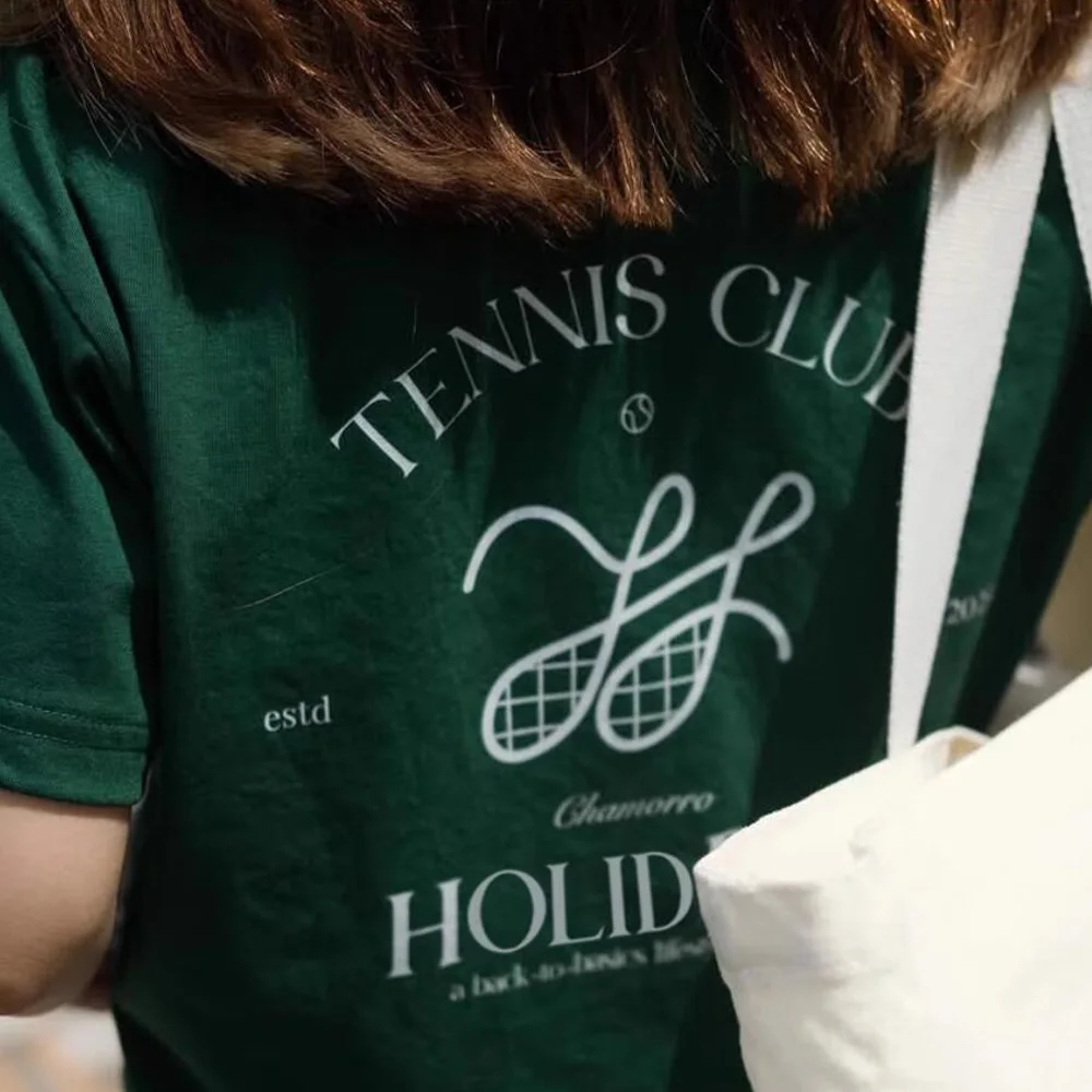 American Vintage Tennis Club Printing T Shirts Women Dark Green Loose Cotton Tops Tees Ins Fashion Summer Short Sleeve Shirts