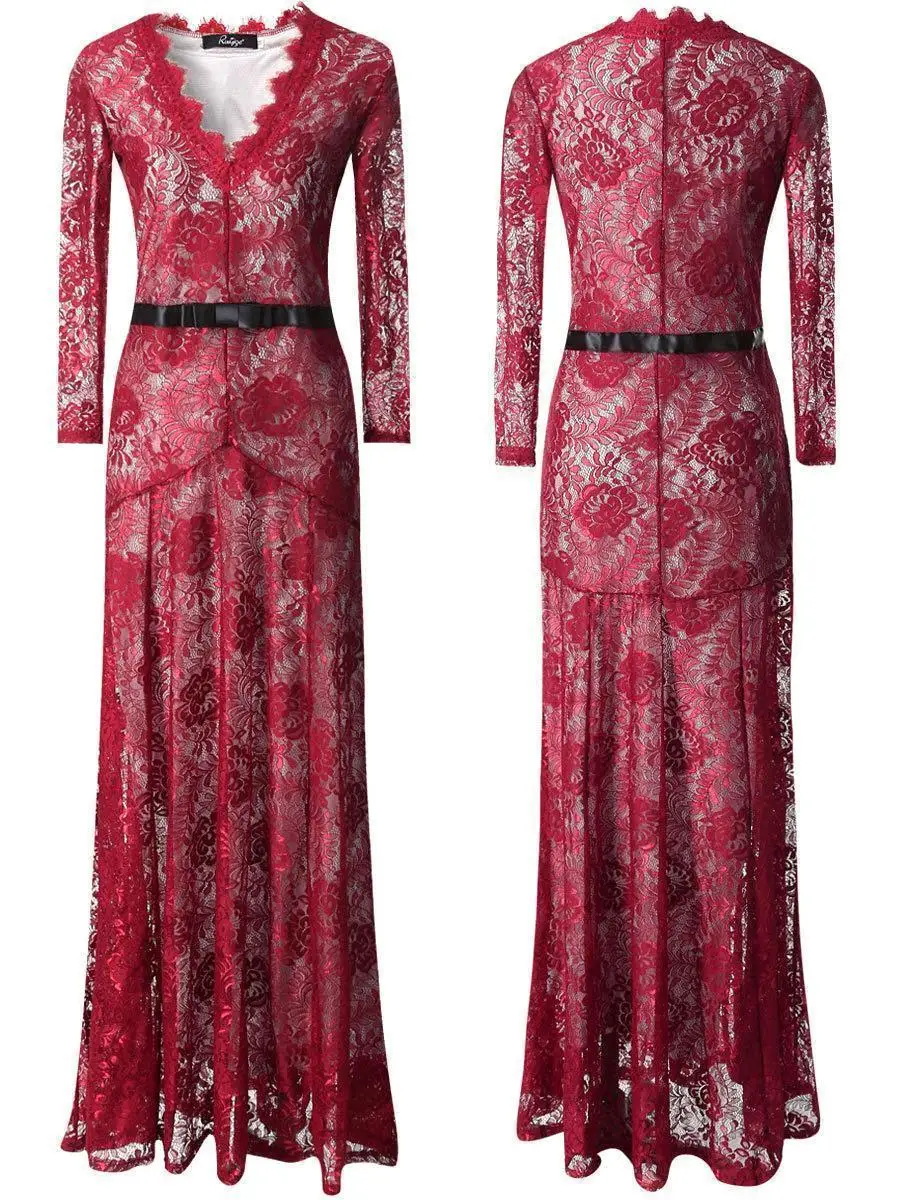 セクシーなレース長袖女神カクテルドレスブライダルマーメイドテールマキシドレスガウンイブニングドレスセレブドレスブライドメイドドレス