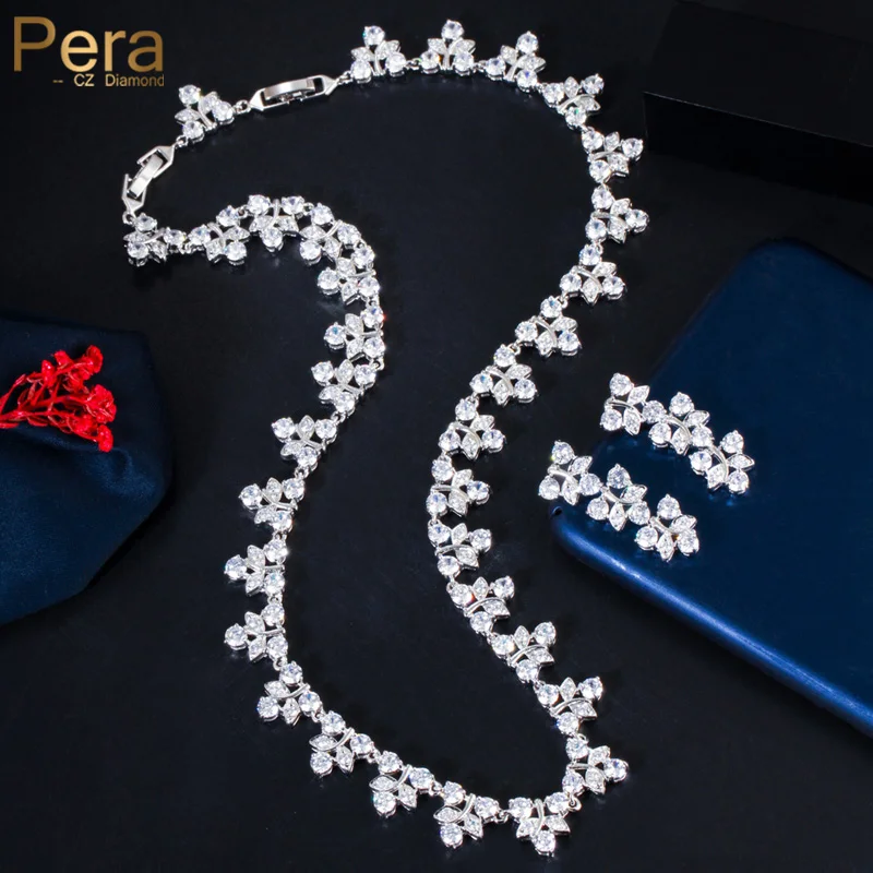 

Pera Gorgeous Sparkling White Cubic Zircon Leaf Choker Necklace Earrings Sets for Women Fashion Wedding Brand Party Jewelry J381