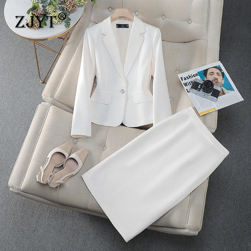 ZJYT Office Lady One Button Blazer Skirt Sets Women's Suit Elegant Conjuntos Para Mujeres 2 Piezas Work Outfit White 2025 Spring