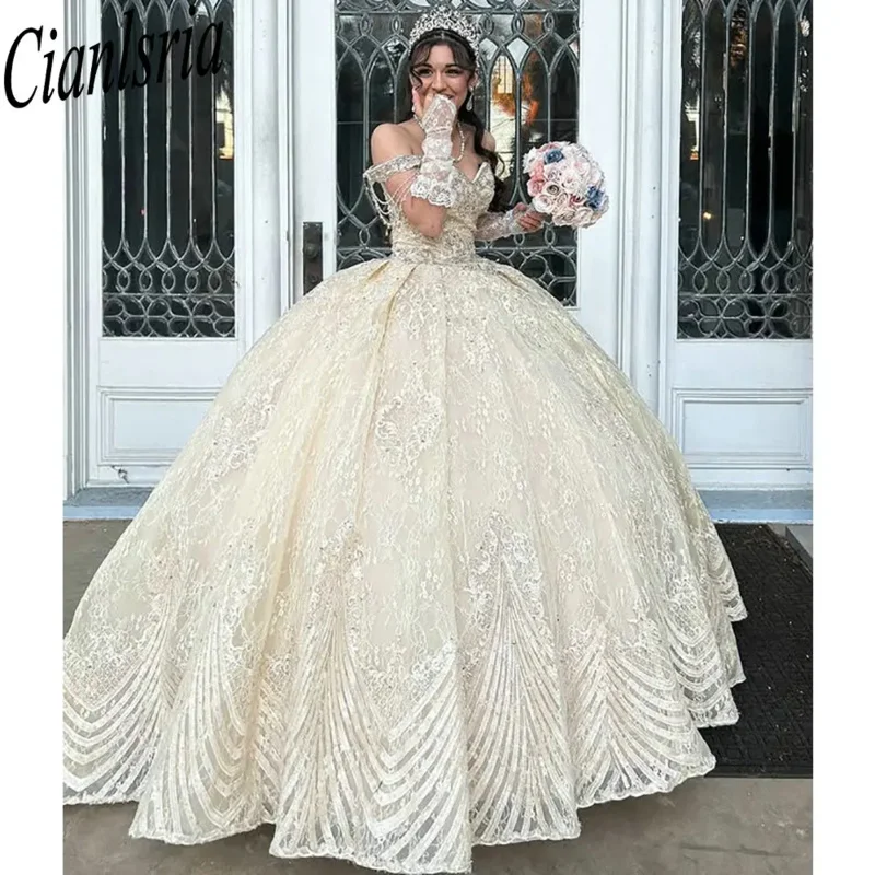 الأميرة الديكور شرابة فساتين Quinceanera الكرة ثوب قبالة الكتف يزين الدانتيل الحلو 15 Años المكسيكي مخصص